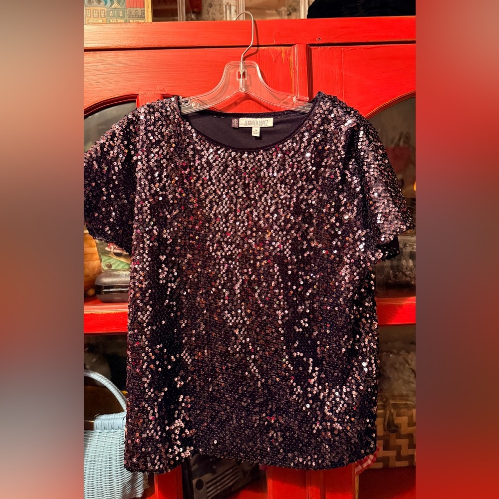 Jennifer Lopez Black Sequin Short-Sleeve Tee
